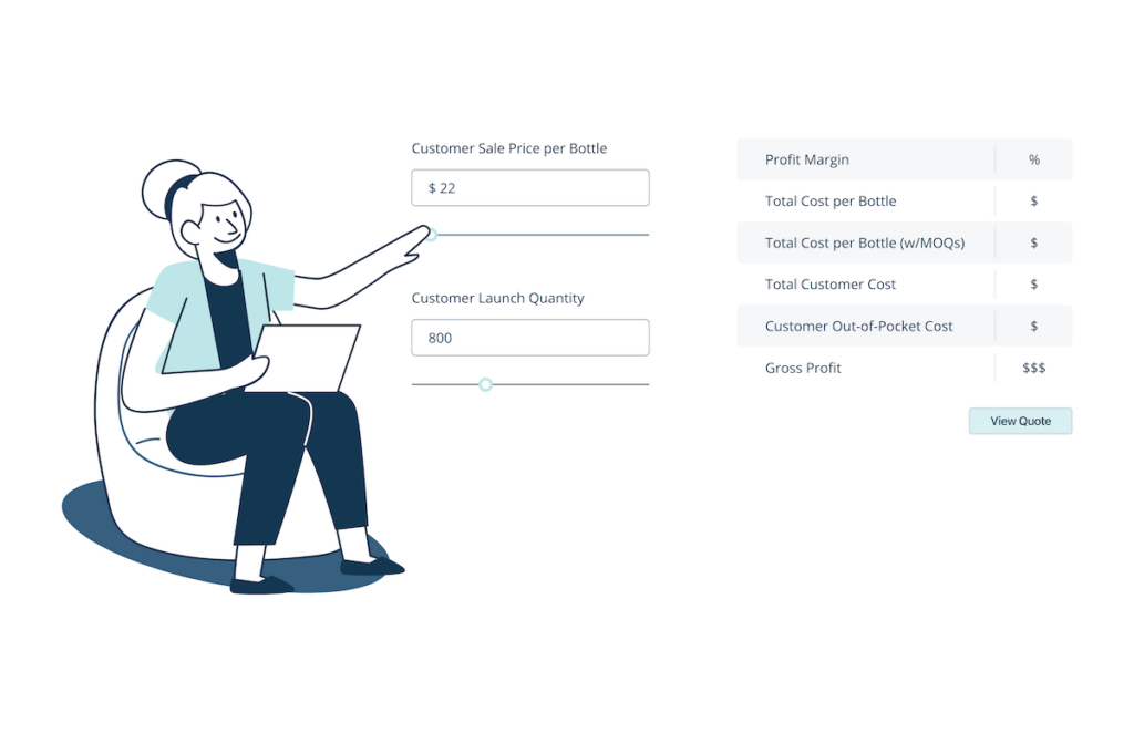 This image shows a mockup of the ezGMP sales module, demonstrating a manufacturer creating a quote for a customer.