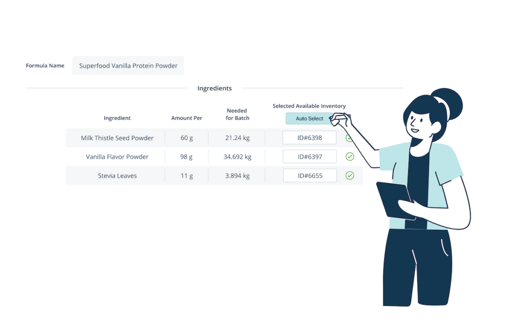 This image shows a mockup of the ezGMP production module, with a user auto-selecting inventory.